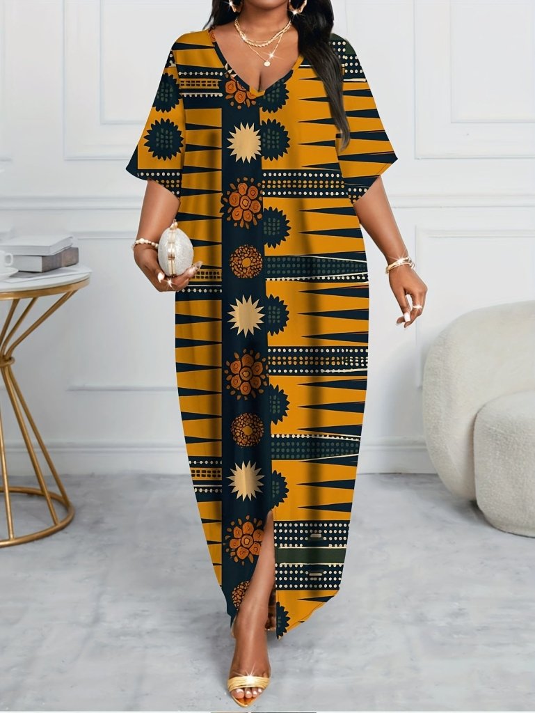 Plus Size V - Neck African Print Maxi Dress – Short Sleeve Design - Free Delivery Worldwide only at Flexi Africa