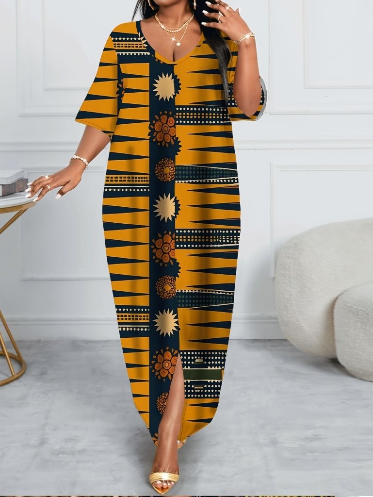 Plus Size V - Neck African Print Maxi Dress – Short Sleeve Design - Free Delivery Worldwide only at Flexi Africa