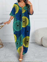 Plus Size Women’s African Wax Print Maxi Dress – A - Line Fitted Gown with Short Sleeves - Free Delivery Worldwide only at Flexi Africa