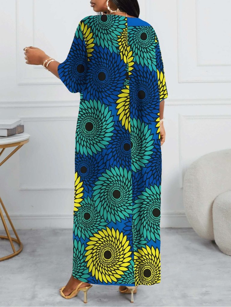 Plus Size Women’s African Wax Print Maxi Dress – A - Line Fitted Gown with Short Sleeves - Free Delivery Worldwide only at Flexi Africa