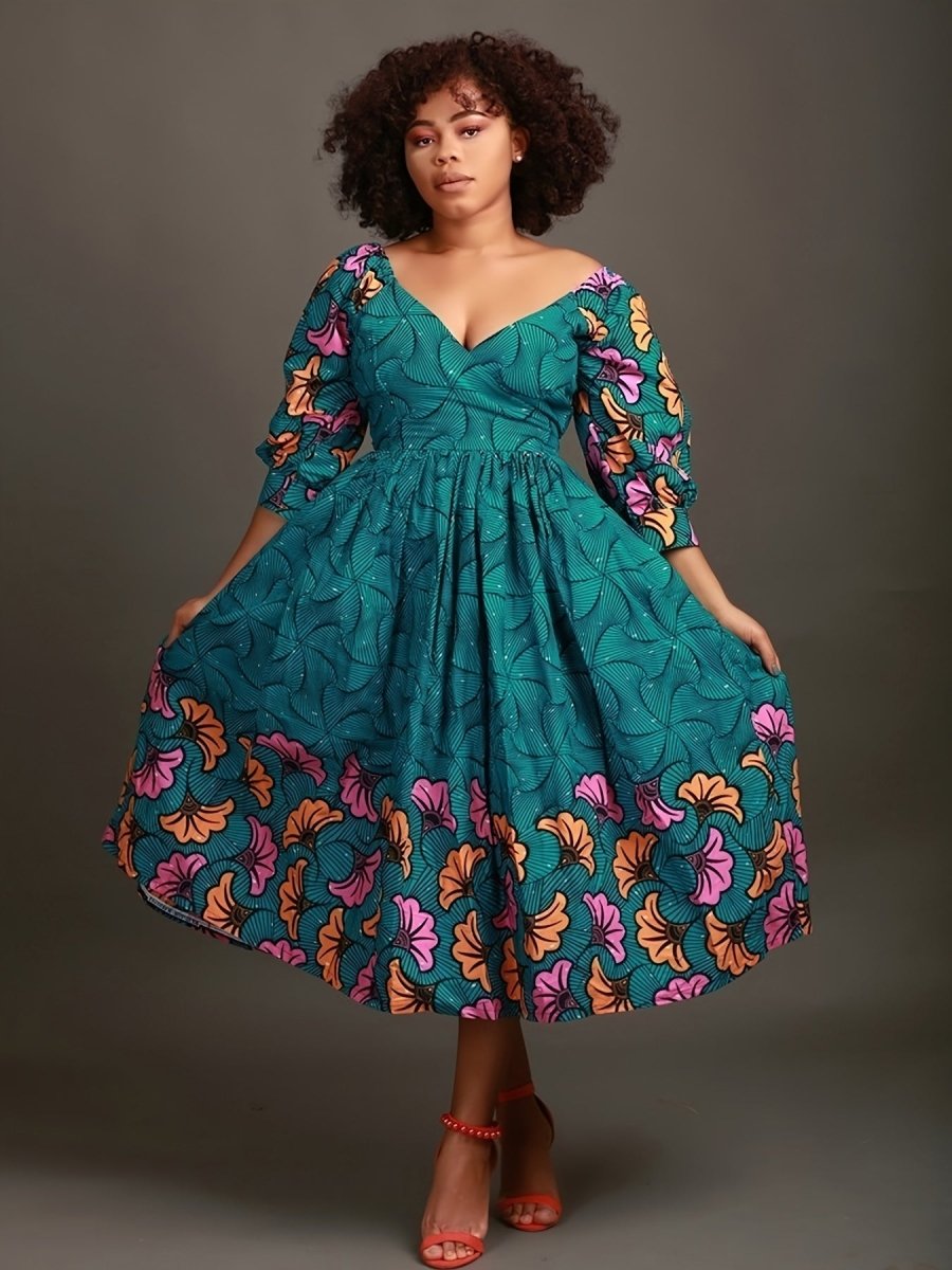 Plus Size Women's Casual Floral Print Dress - V - Neck Fitted A - Line Skirt with Slight Stretch - Free Delivery Worldwide only at Flexi Africa