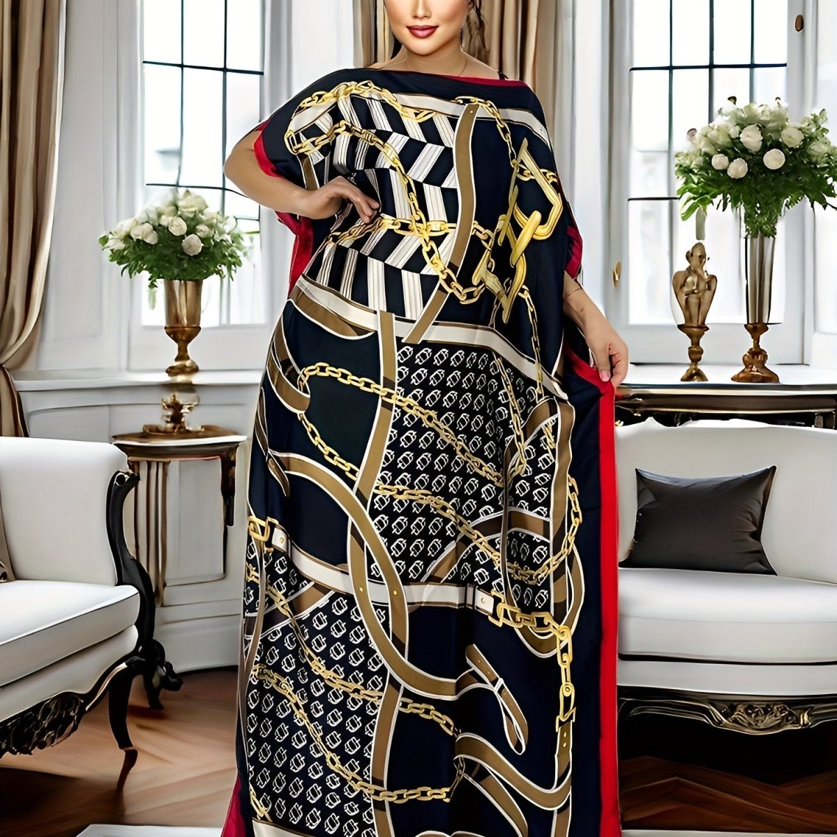 Plus Size Women's Colorblock Geometric Print Maxi Kaftan – Batwing Sleeve, Round Neck, Modest Dress - Free Delivery Worldwide only at Flexi Africa