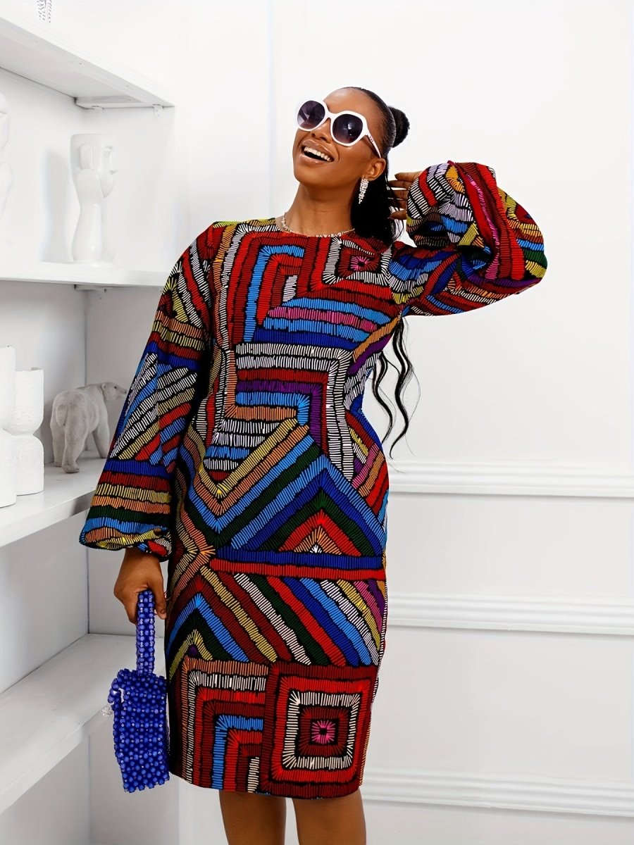 Plus Size Women's Colorful Geometric Print Dress - Casual Long Sleeve, Round Neck, 100% Polyester - Free Delivery Worldwide only at Flexi Africa