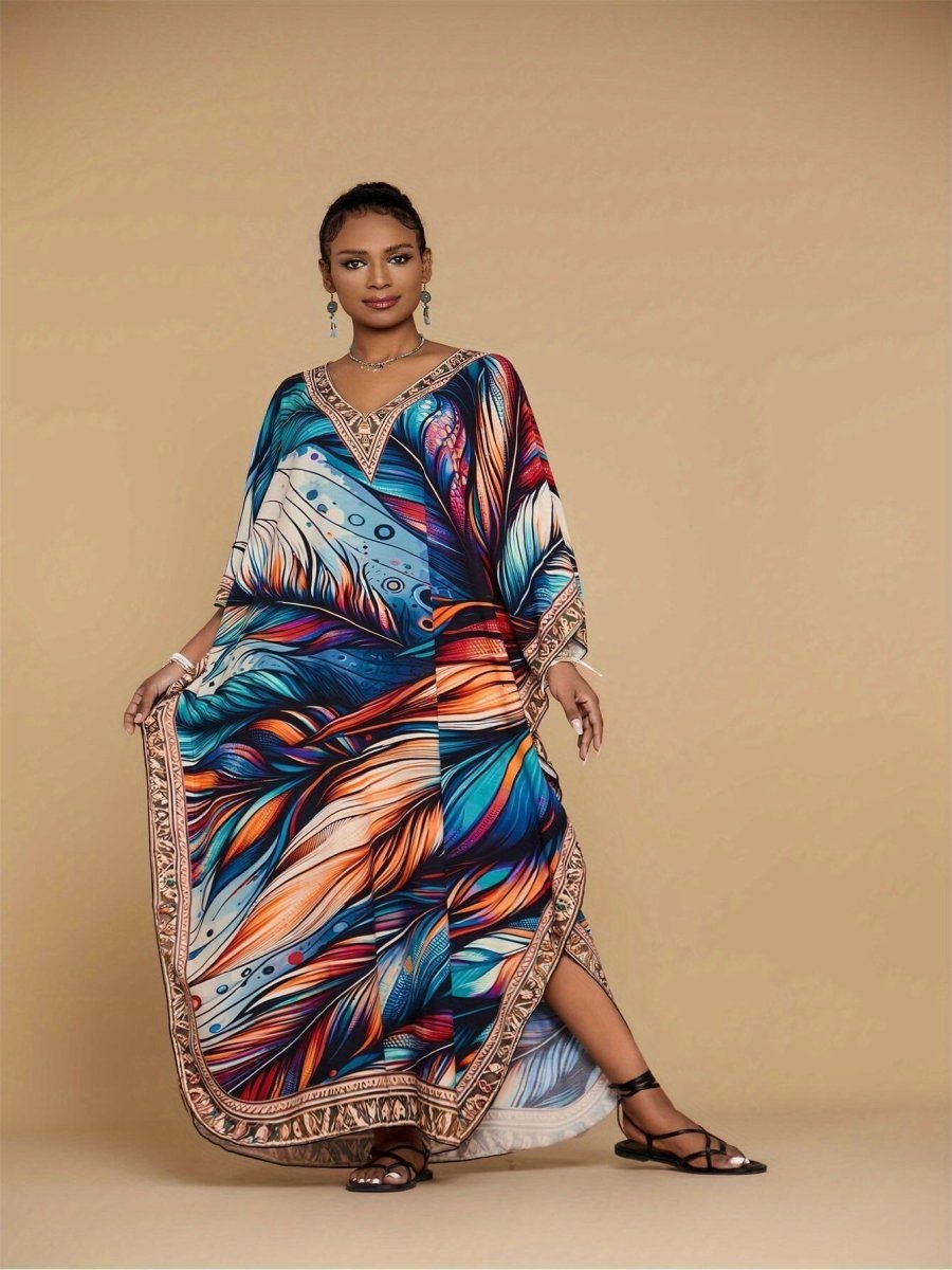 Plus Size Women's Comfortable Printed Kaftan Dress - Loose - Fitting Bohemian V - Neck Beach Cover - Up with Ethnic Style - Free Delivery Worldwide only at Flexi Africa