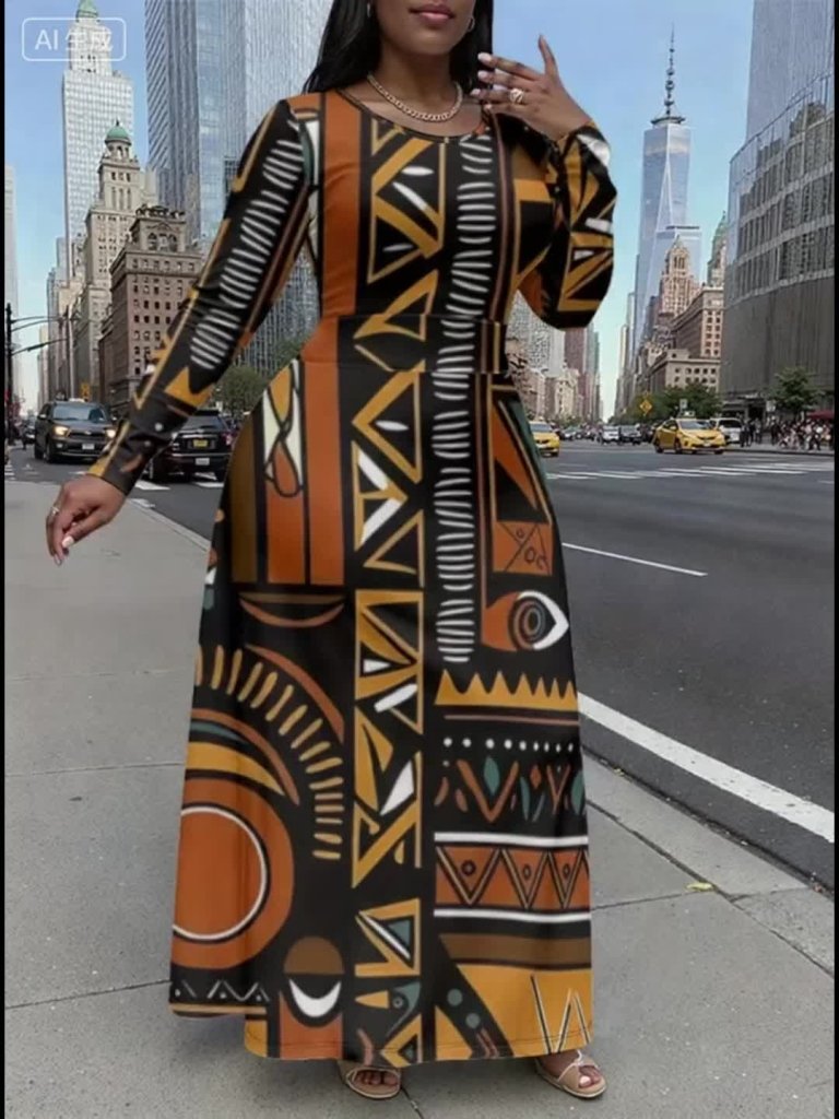 Plus Size Women’s Long Sleeve Maxi Dress | African Print | Fitted Top, Flowy Skirt | Stretch Fabric - Free Delivery Worldwide only at Flexi Africa