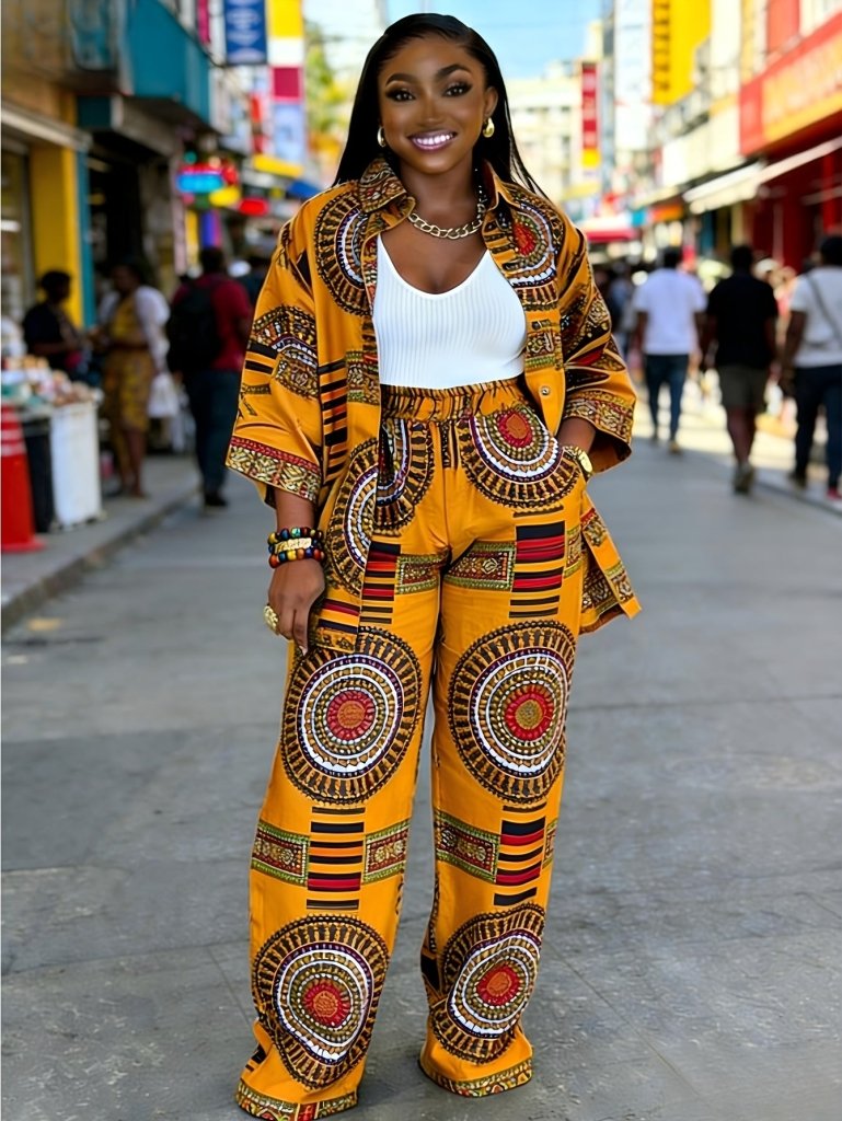 Plus Size Women’s Printed Suit Set (XL–8XL) – Casual Long Sleeve Top & Pants Outfit, Soft Stretch Fabric - Free Delivery Worldwide only at Flexi Africa