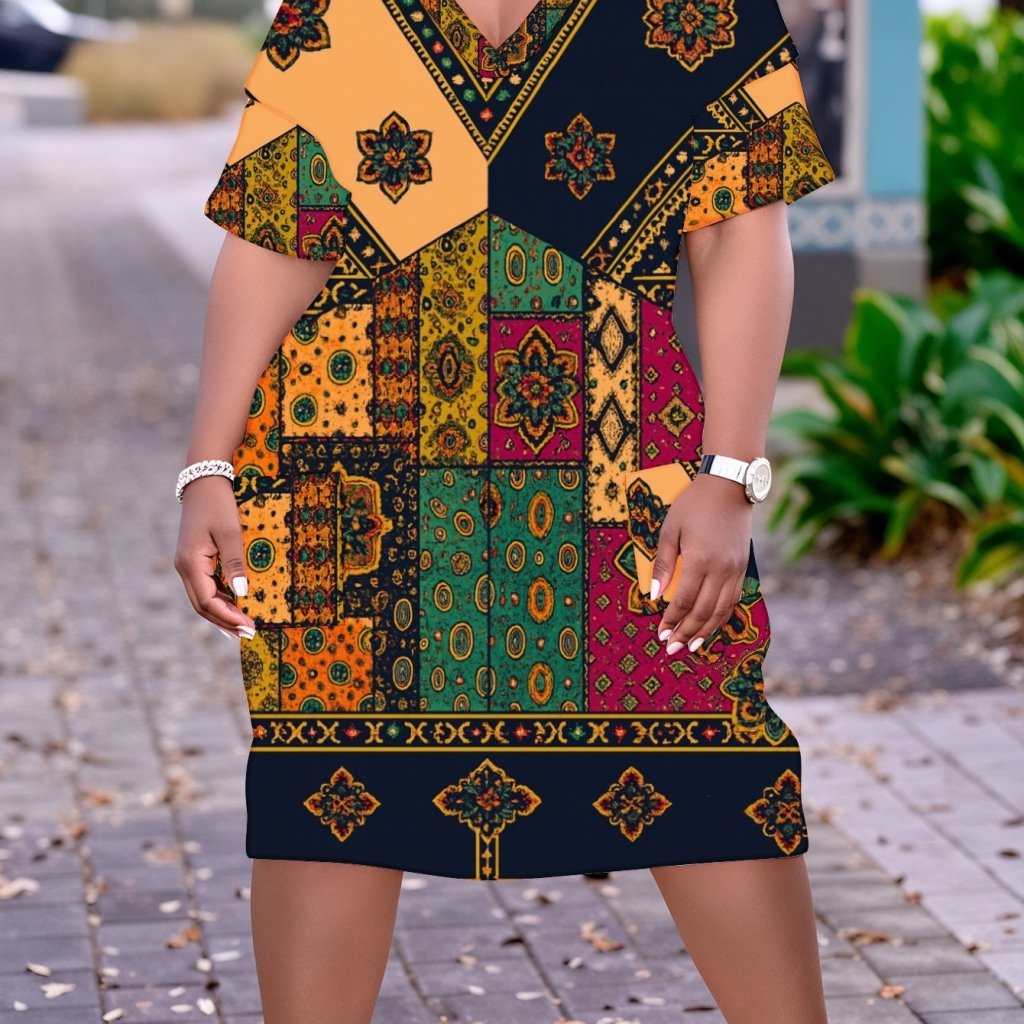 Plus Size Women’s V - Neck Dashiki Dress | Black African Print with Yellow, Green, Red & Orange Accents | Casual & Party Wear - Free Delivery Worldwide only at Flexi Africa