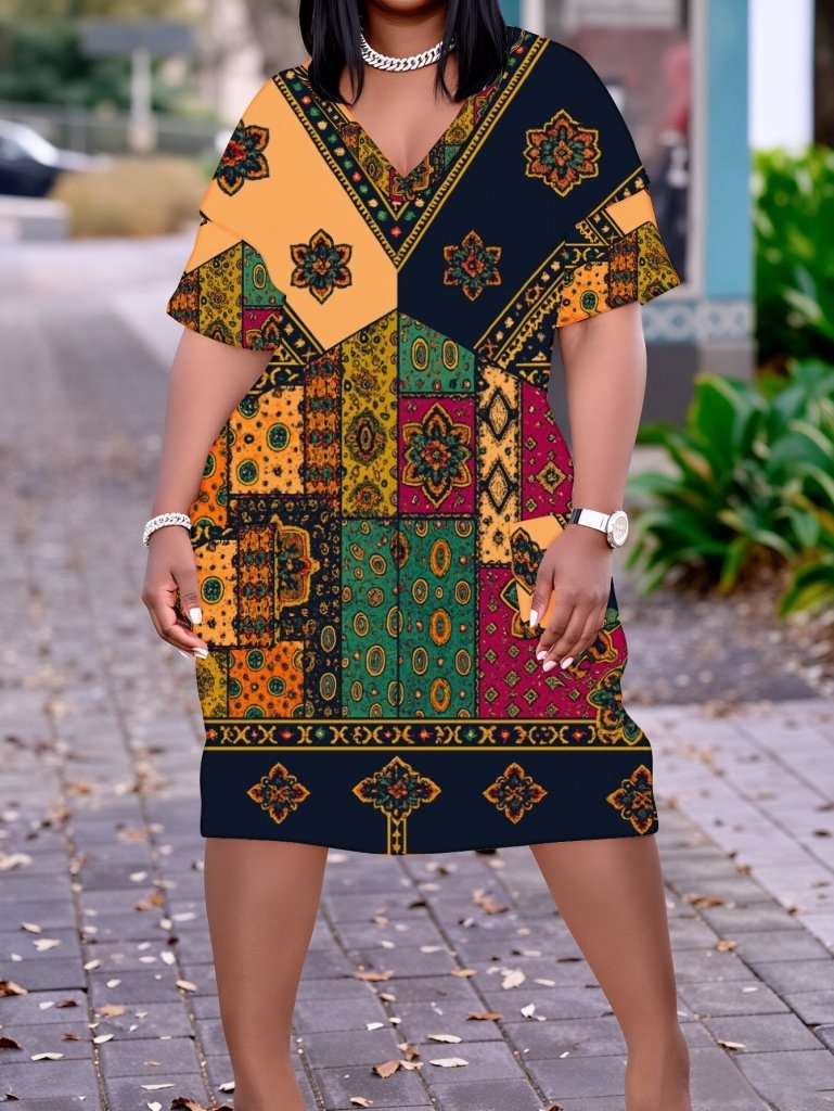 Plus Size Women’s V - Neck Dashiki Dress | Black African Print with Yellow, Green, Red & Orange Accents | Casual & Party Wear - Free Delivery Worldwide only at Flexi Africa