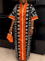 Plus Size Women’s V - Neck Maxi Dress – Bold Letter Print & Orange Geometric Pattern - Free Delivery Worldwide only at Flexi Africa