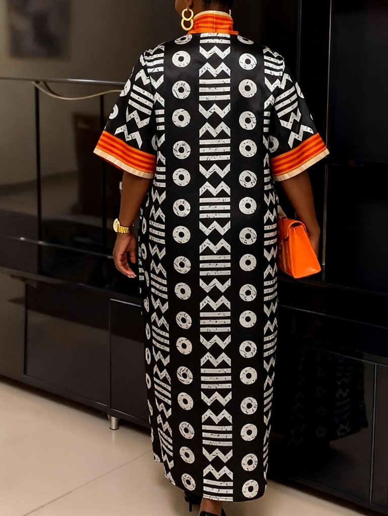Plus Size Women’s V - Neck Maxi Dress – Bold Letter Print & Orange Geometric Pattern - Free Delivery Worldwide only at Flexi Africa