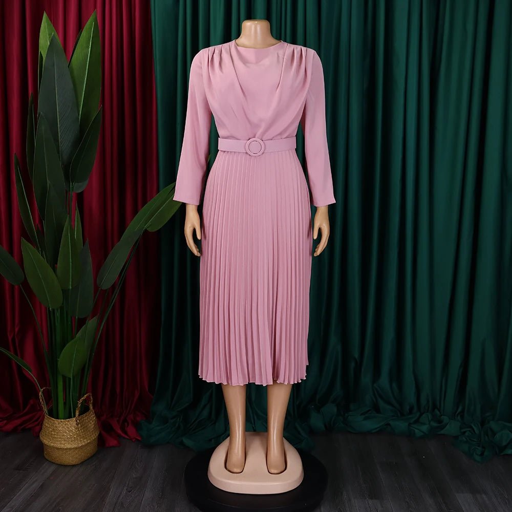 Professional Women's Pleated Dress: Round Neck, Full Sleeves, Belt - Waisted, Mid - Calf Length - Perfect for Formal Business Workwear - Flexi Africa - Free Delivery Worldwide only at www.flexiafrica.com