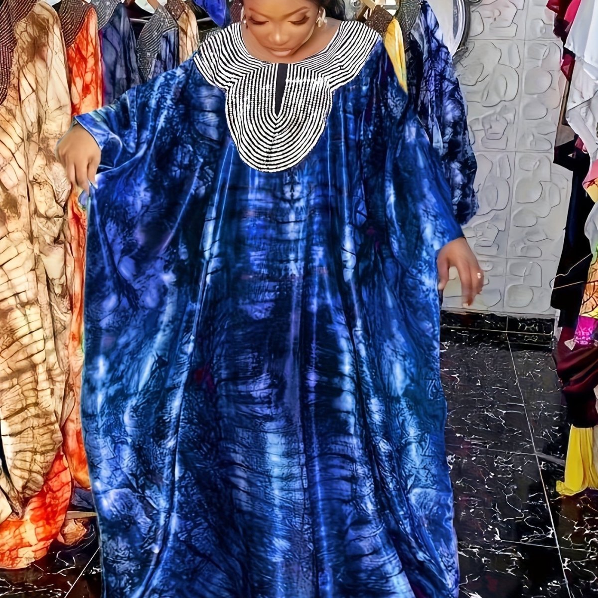 Ramadan All Over Print Sequin Neck Kaftan Dress, Modest Loose Maxi Length Kaftan - Free Delivery Worldwide only Flexi Africa