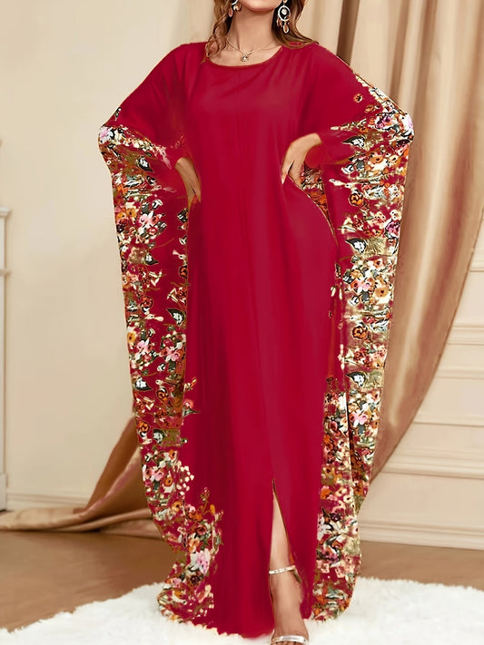 Ramadan Floral Print Crew Neck Kaftan, Elegant Batwing Sleeve Split Maxi Dress - Free Delivery Worldwide only at Flexi Africa