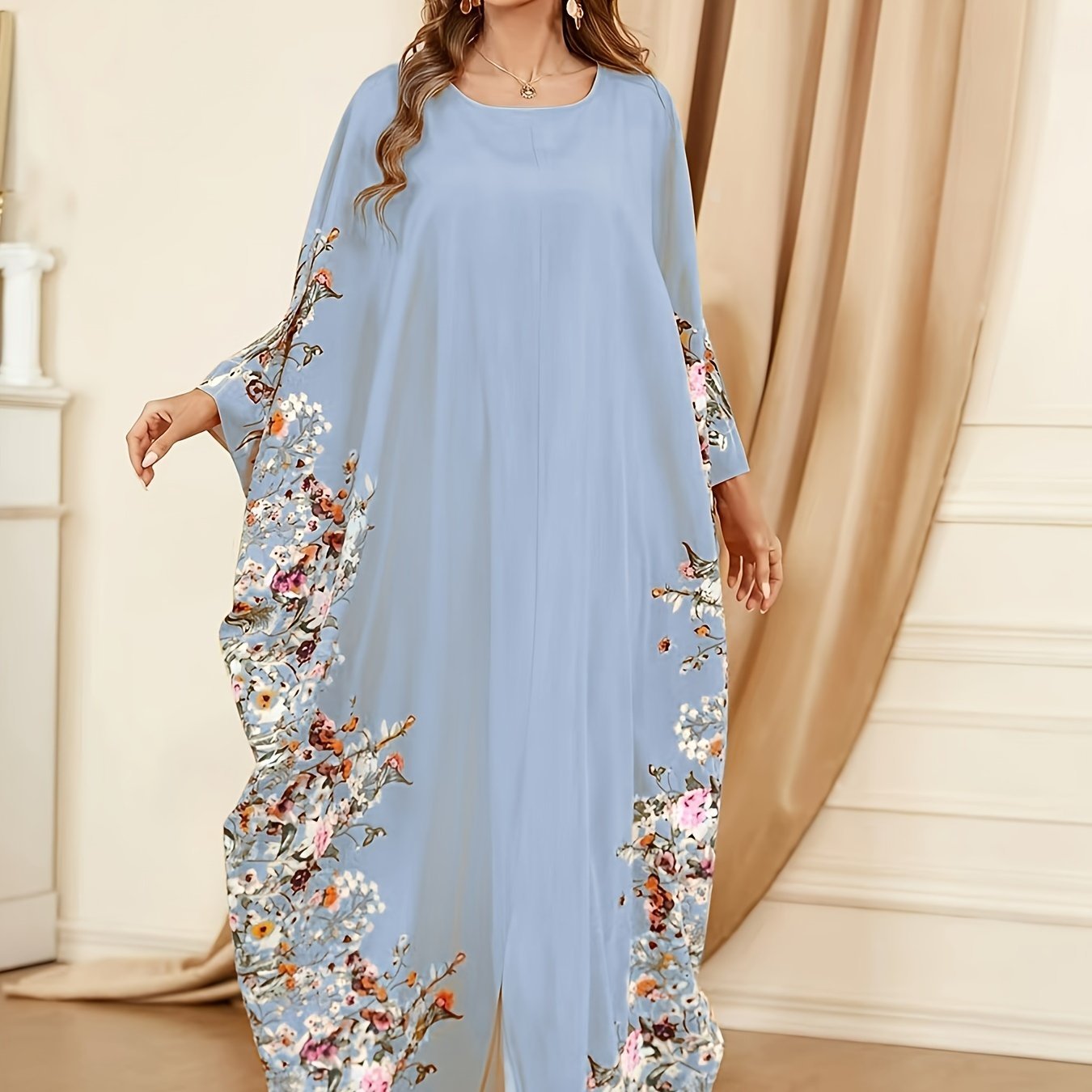 Ramadan Floral Print Crew Neck Kaftan, Elegant Batwing Sleeve Split Maxi Dress - Free Delivery Worldwide only at Flexi Africa