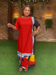 Refined African Dresses: Muslim Fashion Maxi Dress with Short Sleeves, Loose Fit, Dashiki Print - Free Delivery Worldwide