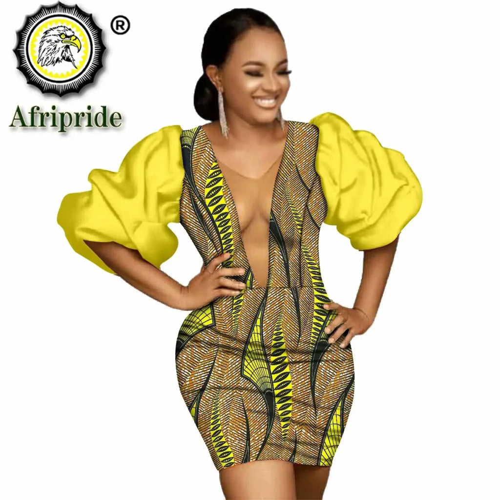 Sexy African Print Ankara Mini Dress – Deep V - Neck Flare Sleeve Plus Size Bodycon - Free Delivery Worldwide only at Flexi Africa