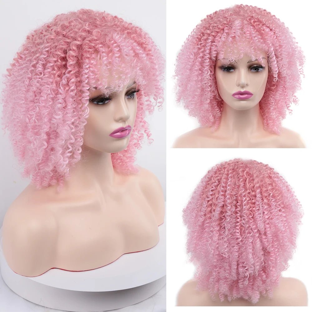 Short Hair Afro Kinky Curly Wigs Soft Curls Hair with Bangs Natural Heat Resistant Synthetic Cosplay Wigs - Free Delivery Worldwide only at Flexi Africa