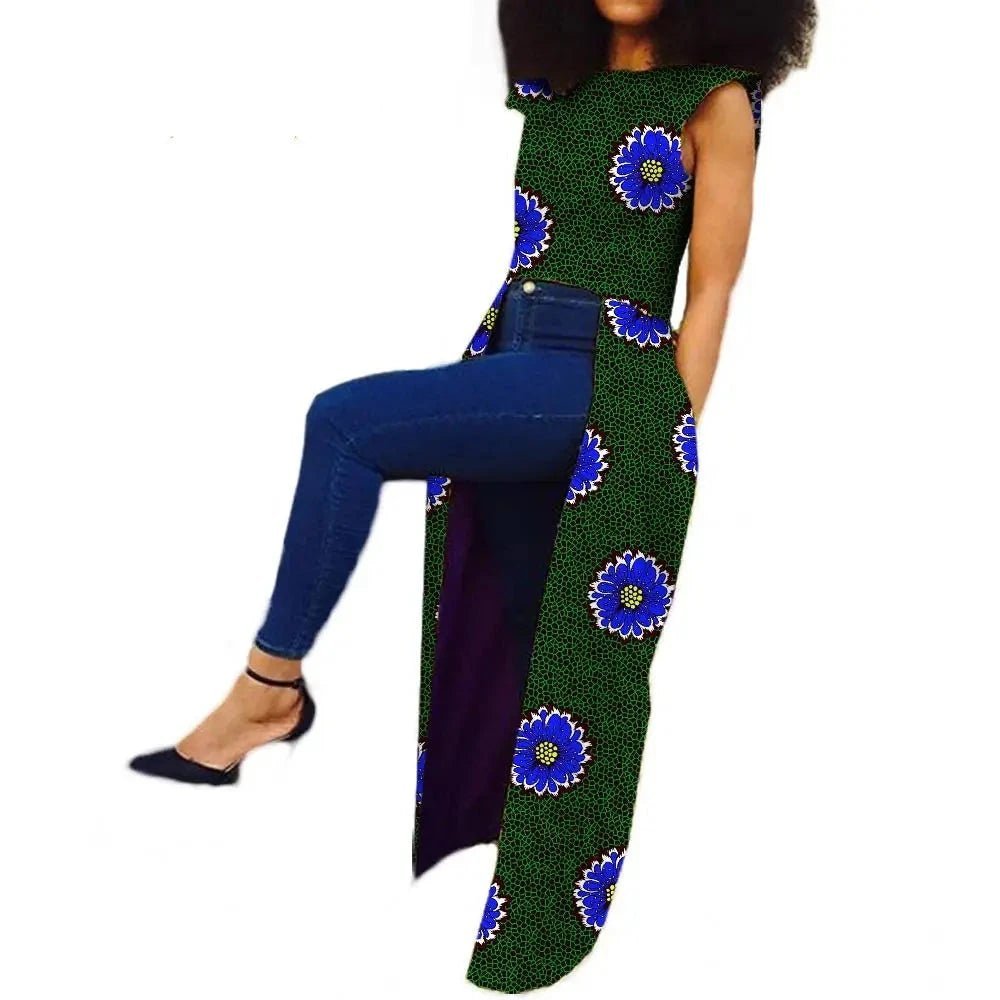 Sleeveless African Women's Long Back Coat: Ankle-Length Pure Wax Cotton, Plus Size - Flexi Africa - www.flexiafrica.com