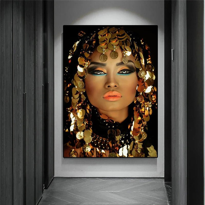 Sparkling Beauty: Canvas Wall Art of African Woman in Sequined Headscarf, Perfect Home Decor Accent - Flexi Africa - Free Delivery Worldwide only at www.flexiafrica.com