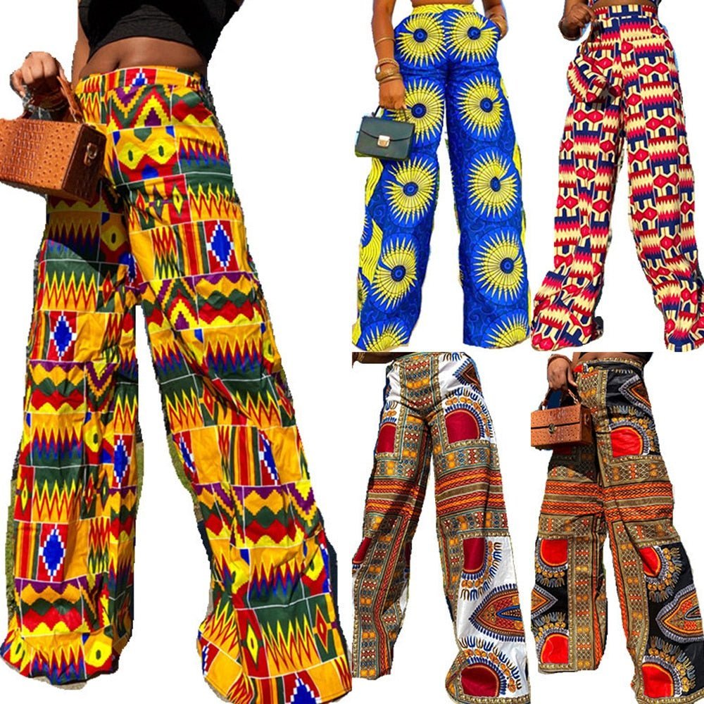 Spring Fall Holiday Boho Wide Leg Pants Elastic Waist Dashiki Print African Clothing Women Casual Long Trousers Flexi Africa