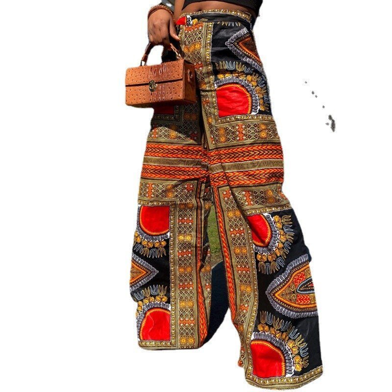 Spring Fall Holiday Boho Wide Leg Pants Elastic Waist Dashiki Print African Clothing Women Casual Long Trousers Flexi Africa