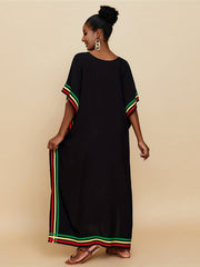Striped Print V - Neck Batwing Sleeve Cover Up Dress, Side Split Loose Fit Black Elegant Beach Kaftan - Flexi Africa - Free Delivery Worldwide only at www.flexiafrica.com