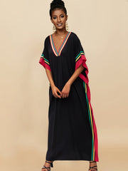 Striped Print V - Neck Batwing Sleeve Cover Up Dress, Side Split Loose Fit Black Elegant Beach Kaftan - Free Delivery Worldwide only at Flexi Africa