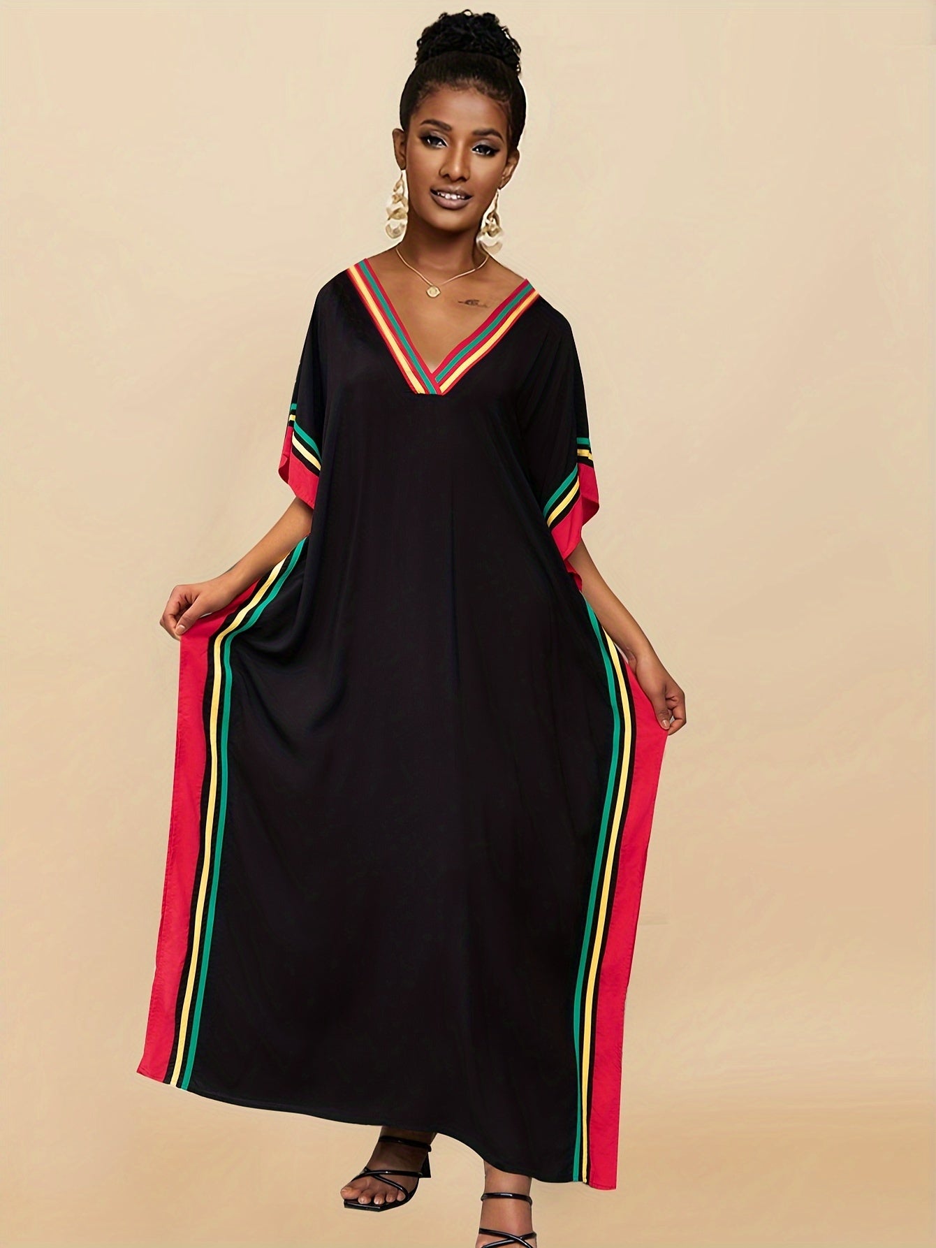 Striped Print V - Neck Batwing Sleeve Cover Up Dress, Side Split Loose Fit Black Elegant Beach Kaftan - Flexi Africa - Free Delivery Worldwide only at www.flexiafrica.com