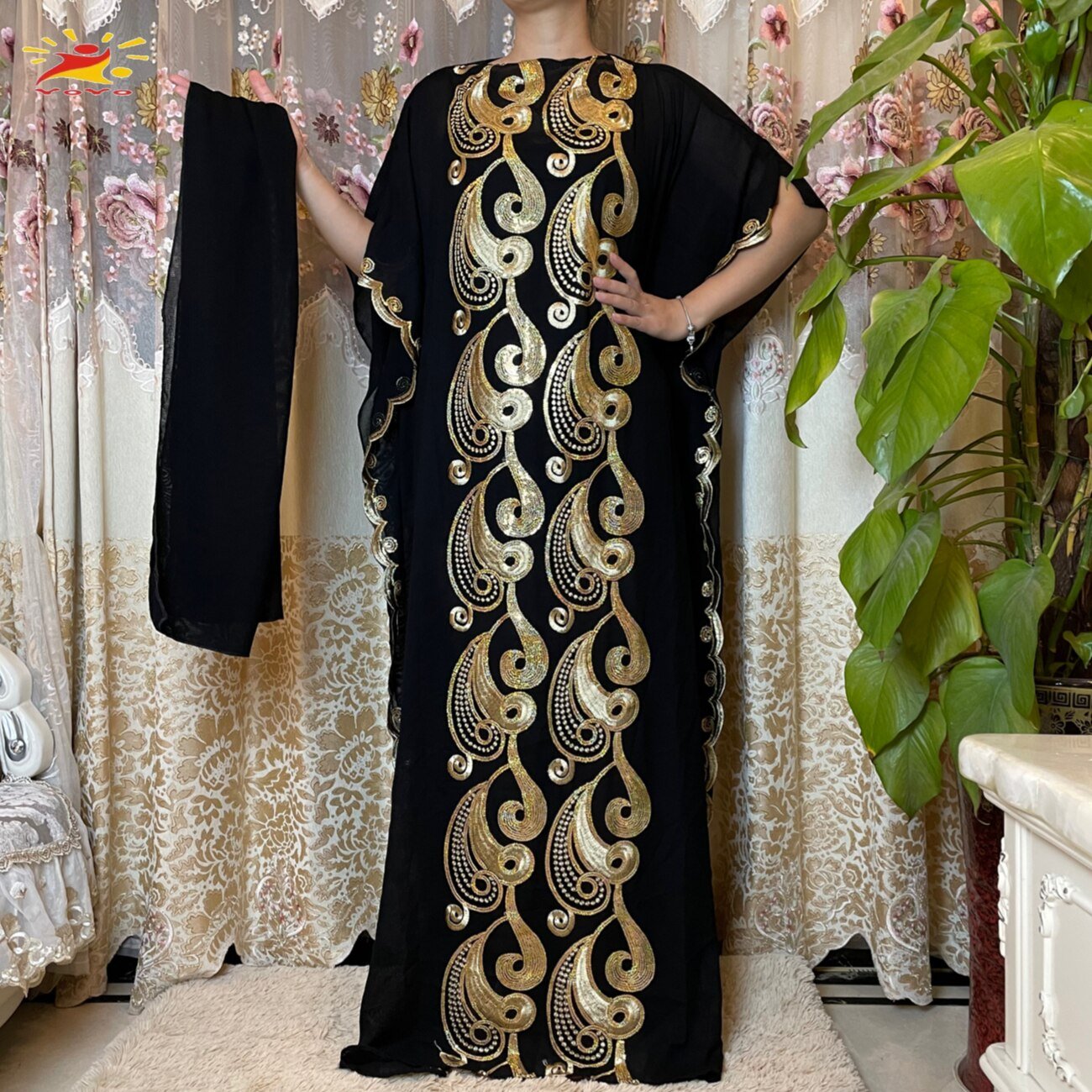 Stunning African Embroidery Flower Dress for Women - Muslim Sequin Embroidery and Scarf Included - Flexi Africa FREE POST