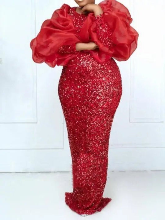 Stylish African Maxi Dress: Long Sleeve Polyester Sequined Black Red Dress for Women - Flexi Africa - www.flexiafrica.com