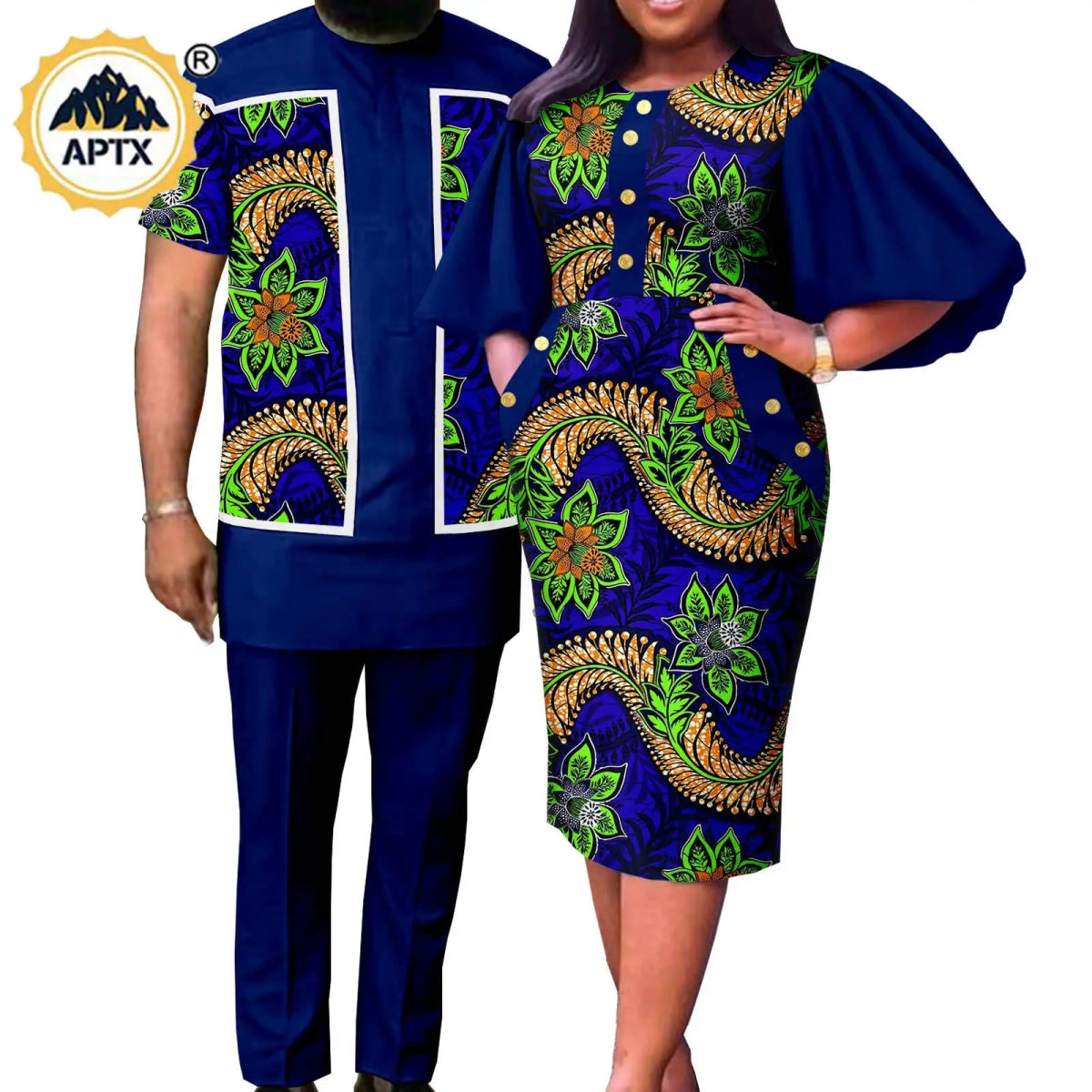 Summer African Couple Outfit – Puff Sleeve Dress for Women with Matching Men’s Bazin Riche Suit - Free Delivery Worldwide only at Flexi Africa