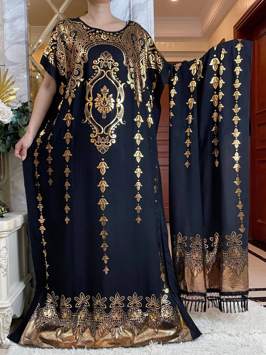 Summer Kaftan Dress with Oversized Scarf – Loose Fit Abaya for Women, African - Inspired Casual Maxi with Gold Stamping - Free Delivery Worldwide only at Flexi Africa