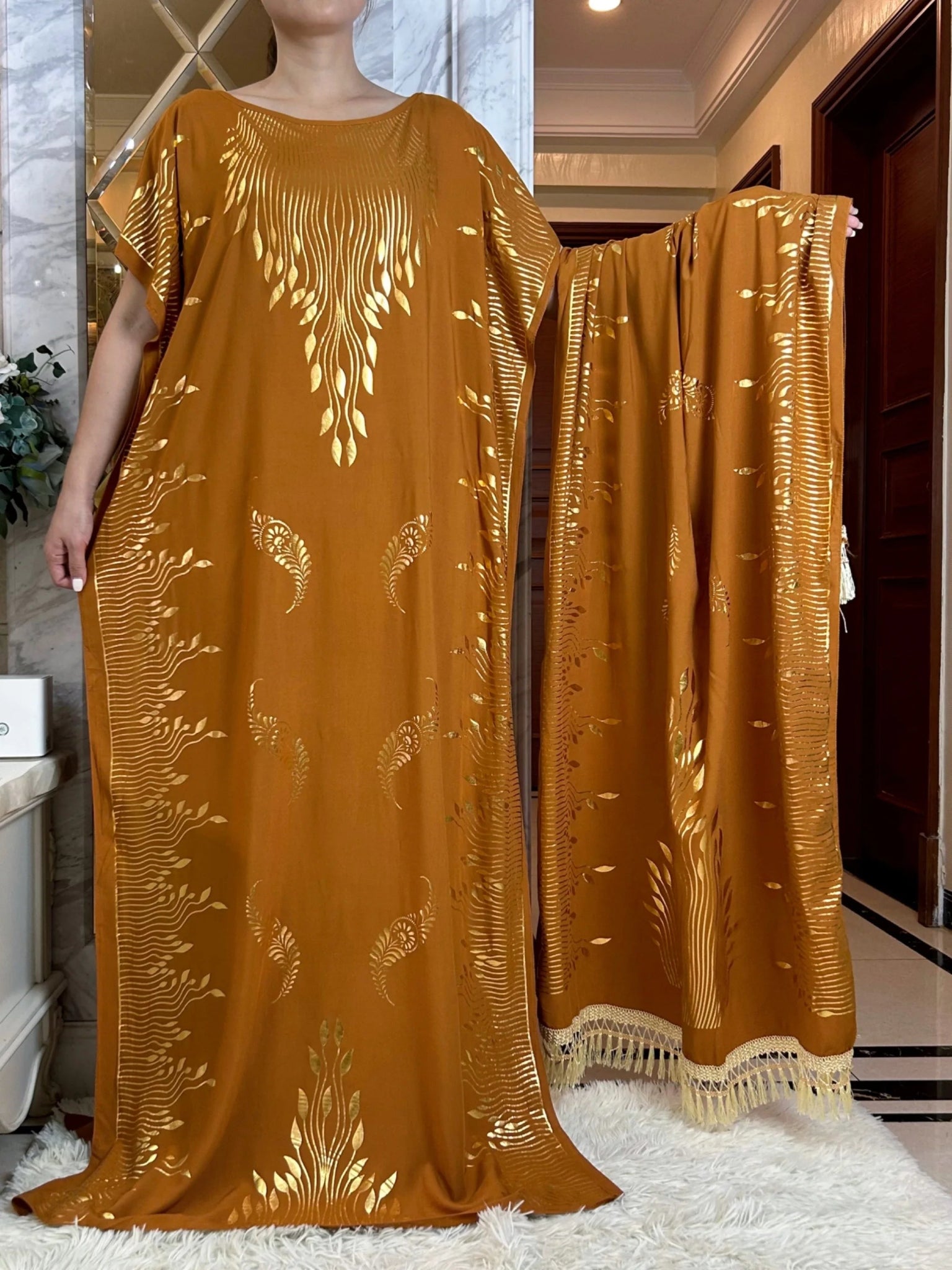 Summer Maxi Dress: Cotton with Gold Stamping, Short Sleeves, and Matching Big Scarf - Flexi Africa - www.flexiafrica.com