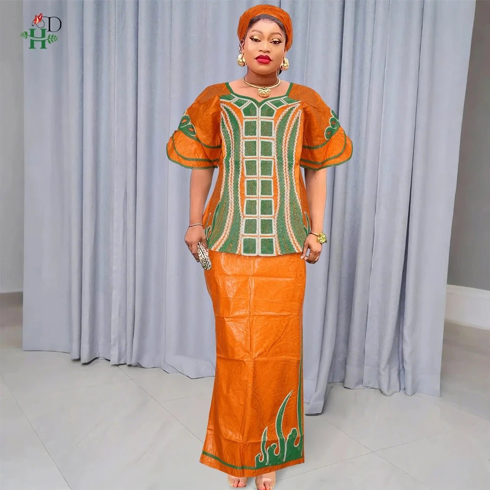 Traditional African Bazin Dress for Women – Embroidered Robe, Elegant Wedding & Party Attire - Free Delivery Worldwide only at Flexi Africa