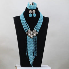 Trendy Blue Crystal Jewelry Set – Long Beaded Necklace for Women, African Bridal Wedding Jewelry - Free Delivery Worldwide only at Flexi Africa