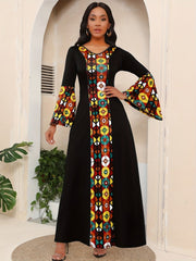 Vibrant Ethnic Print Maxi Dress - Fashionable Splicing, Flared Sleeves, V - Neck - Premium Feminine Style for Any Occasion - Flexi Africa - Free Delivery Worldwide only at www.flexiafrica.com