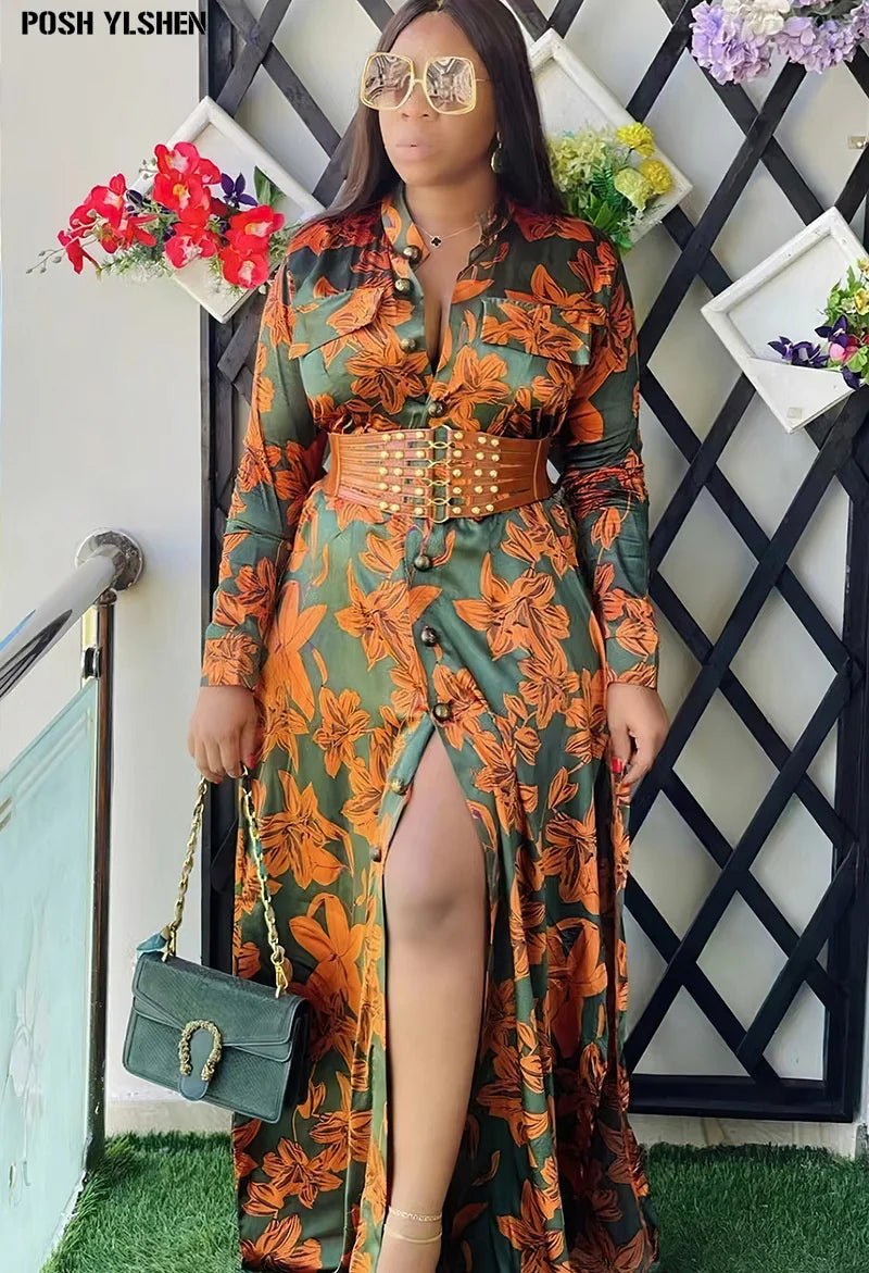 Wide Belt African Long Dresses for Women 2023 Traditional Nigeria Flower Print Caftan Dress Abaya Musulman Robe Femme Clothes - Free Delivery Worldwide only at Flexi Africa