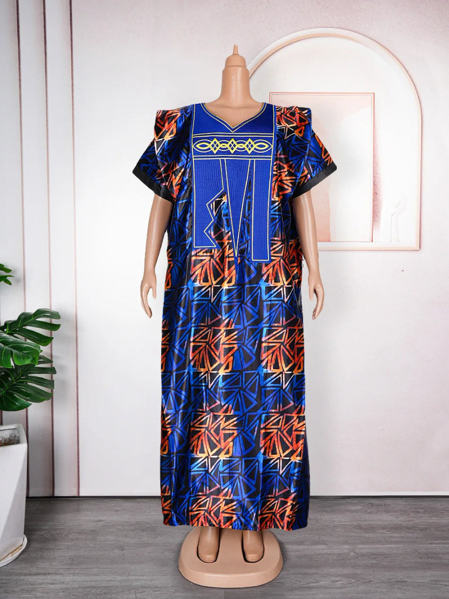 Women African Dresses Embroidery Short Sleeve V Neck Party Dress Print Vestidos Loose Fit Floor Length Spliced Slight Strech - Free Delivery Worldwide only at Flexi Africa
