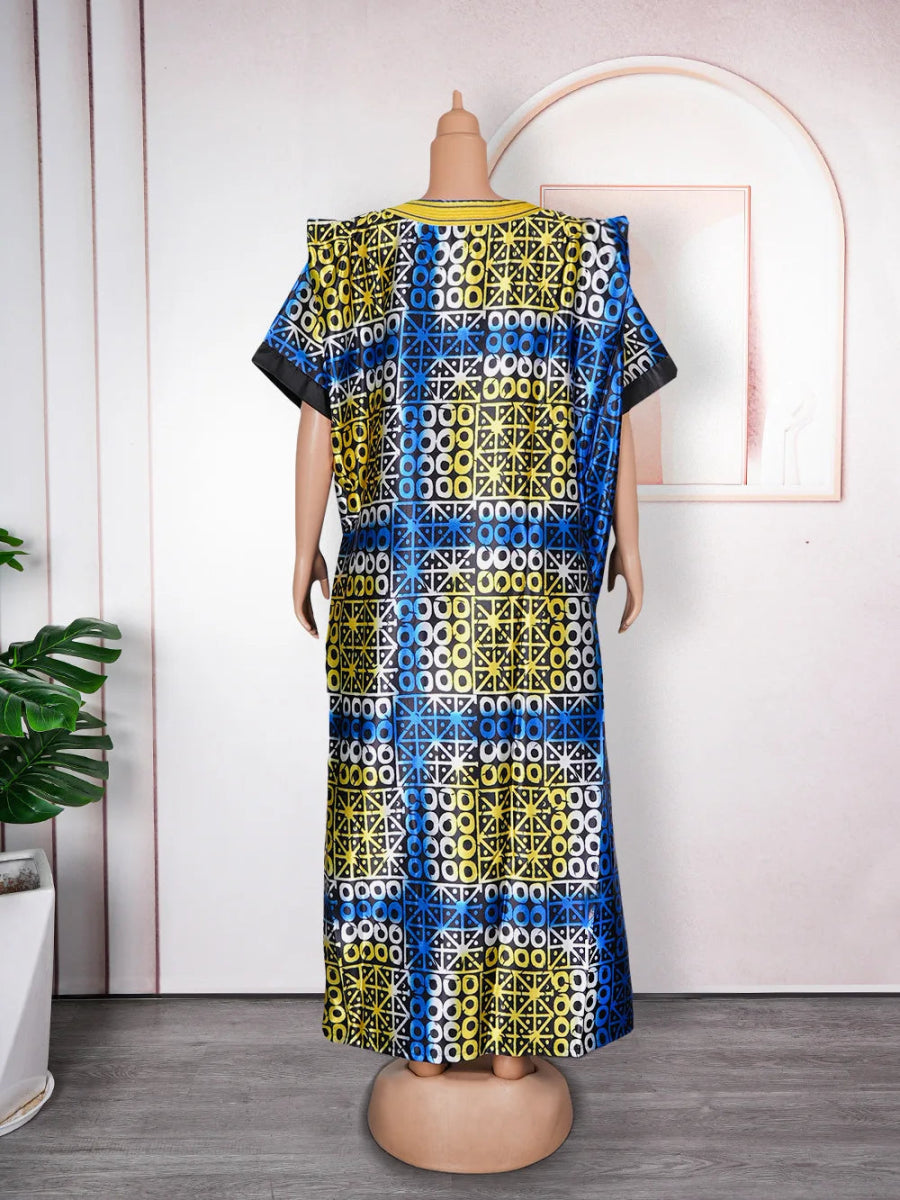 Women African Dresses Embroidery Short Sleeve V Neck Party Dress Print Vestidos Loose Fit Floor Length Spliced Slight Strech - Free Delivery Worldwide only at Flexi Africa