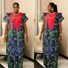 Women African Dresses Embroidery Short Sleeve V Neck Party Dress Print Vestidos Loose Fit Floor Length Spliced Slight Strech - Free Delivery Worldwide only at Flexi Africa