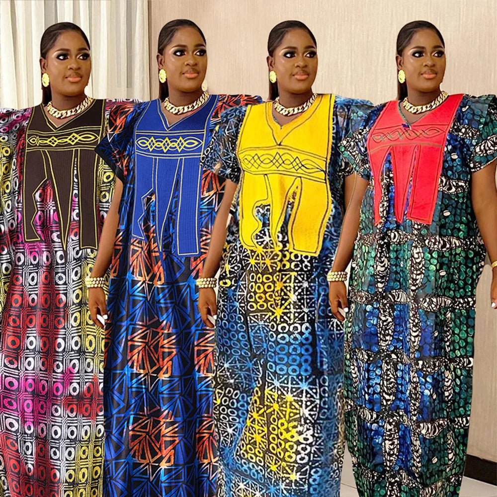 Women African Dresses Embroidery Short Sleeve V Neck Party Dress Print Vestidos Loose Fit Floor Length Spliced Slight Strech - Free Delivery Worldwide only at Flexi Africa