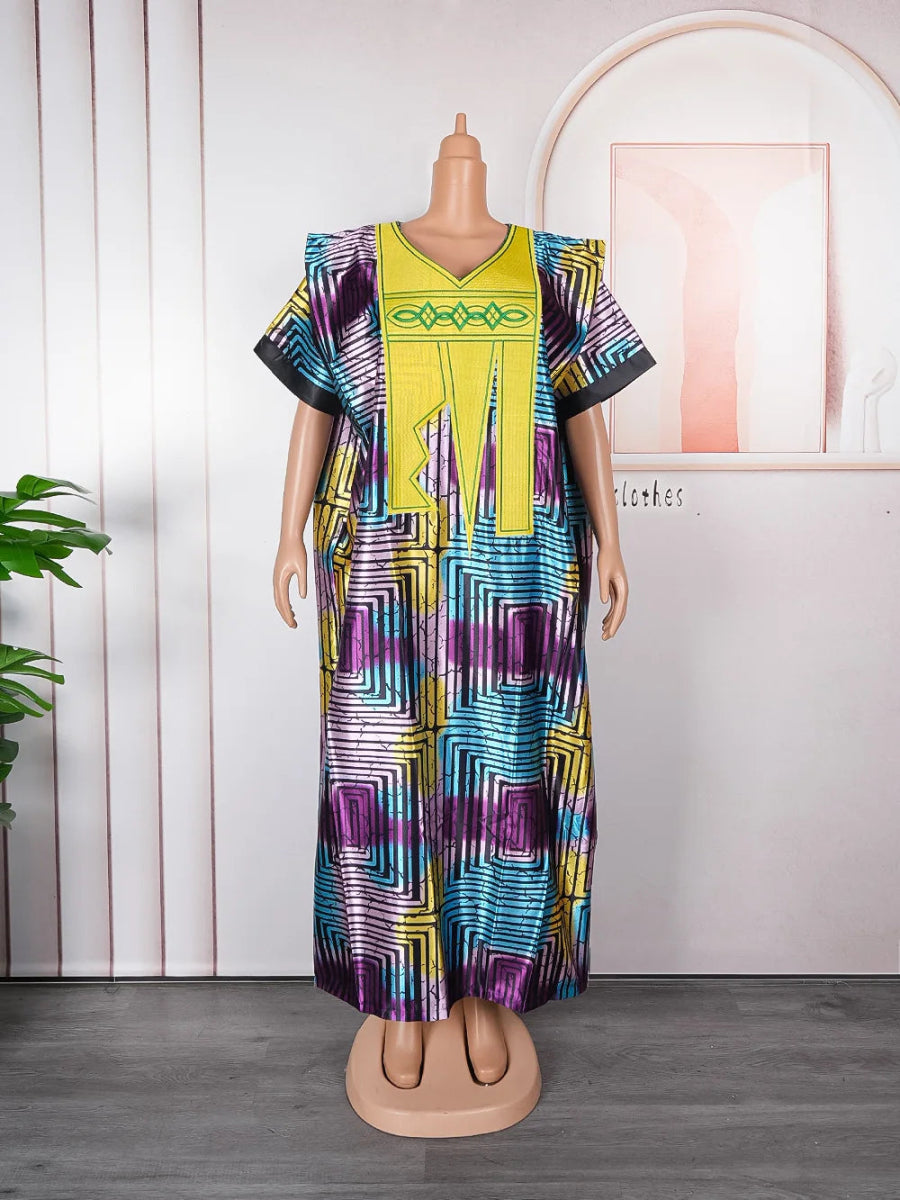 Women African Dresses Embroidery Short Sleeve V Neck Party Dress Print Vestidos Loose Fit Floor Length Spliced Slight Strech - Free Delivery Worldwide only at Flexi Africa