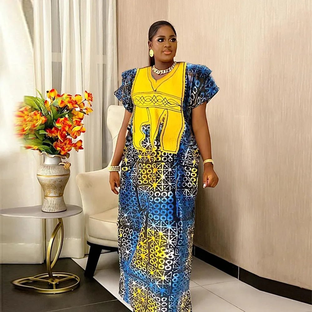 Women African Dresses Embroidery Short Sleeve V Neck Party Dress Print Vestidos Loose Fit Floor Length Spliced Slight Strech - Free Delivery Worldwide only at Flexi Africa