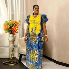 Women African Dresses Embroidery Short Sleeve V Neck Party Dress Print Vestidos Loose Fit Floor Length Spliced Slight Strech - Free Delivery Worldwide only at Flexi Africa