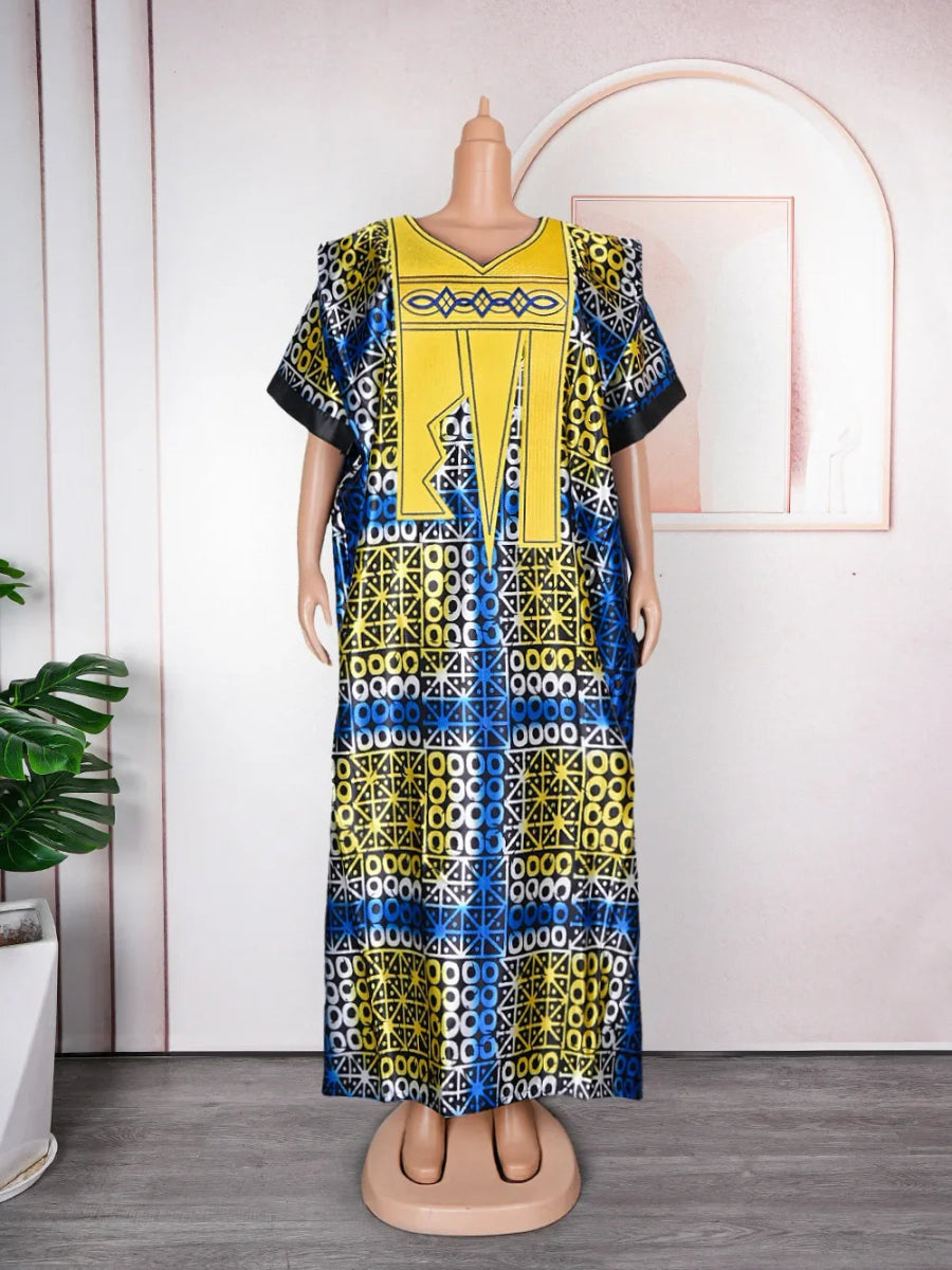 Women African Dresses Embroidery Short Sleeve V Neck Party Dress Print Vestidos Loose Fit Floor Length Spliced Slight Strech - Free Delivery Worldwide only at Flexi Africa