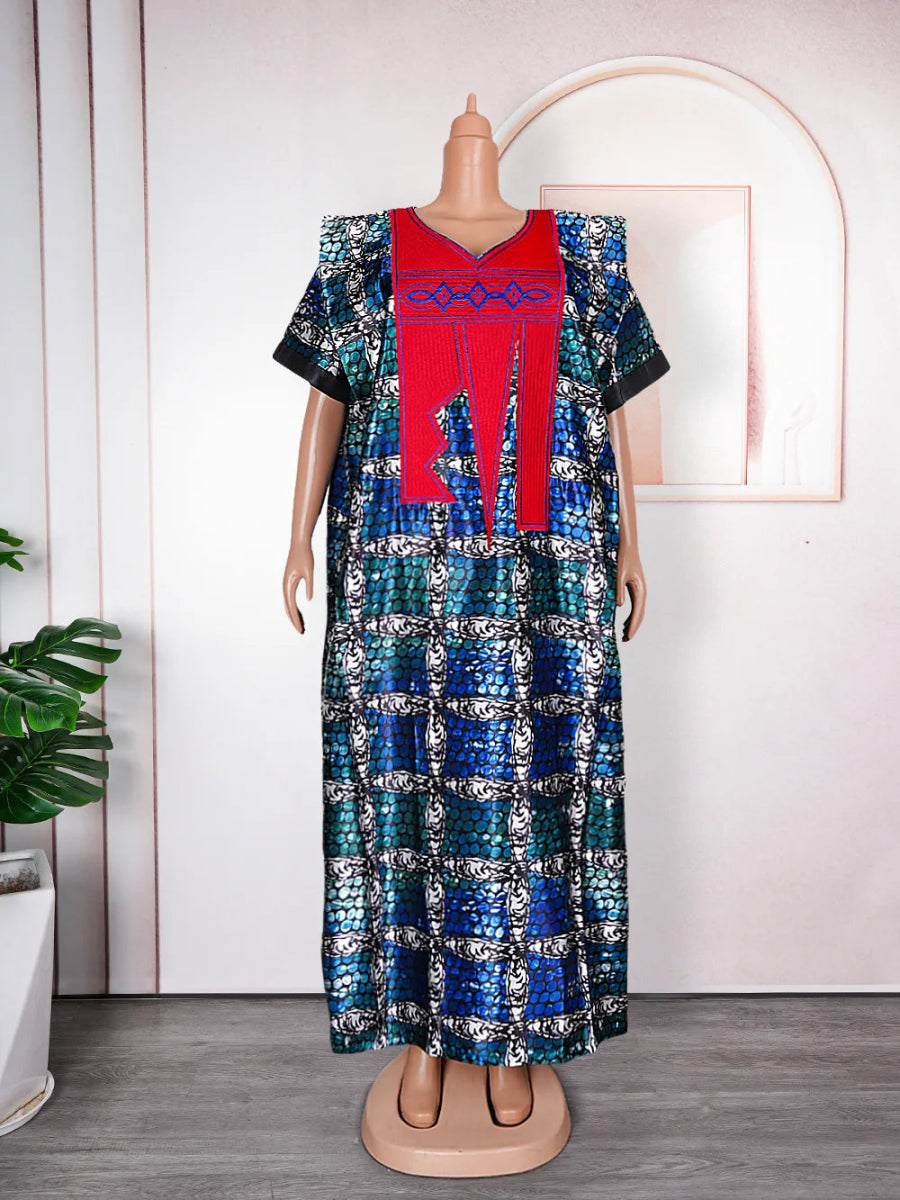 Women African Dresses Embroidery Short Sleeve V Neck Party Dress Print Vestidos Loose Fit Floor Length Spliced Slight Strech - Free Delivery Worldwide only at Flexi Africa
