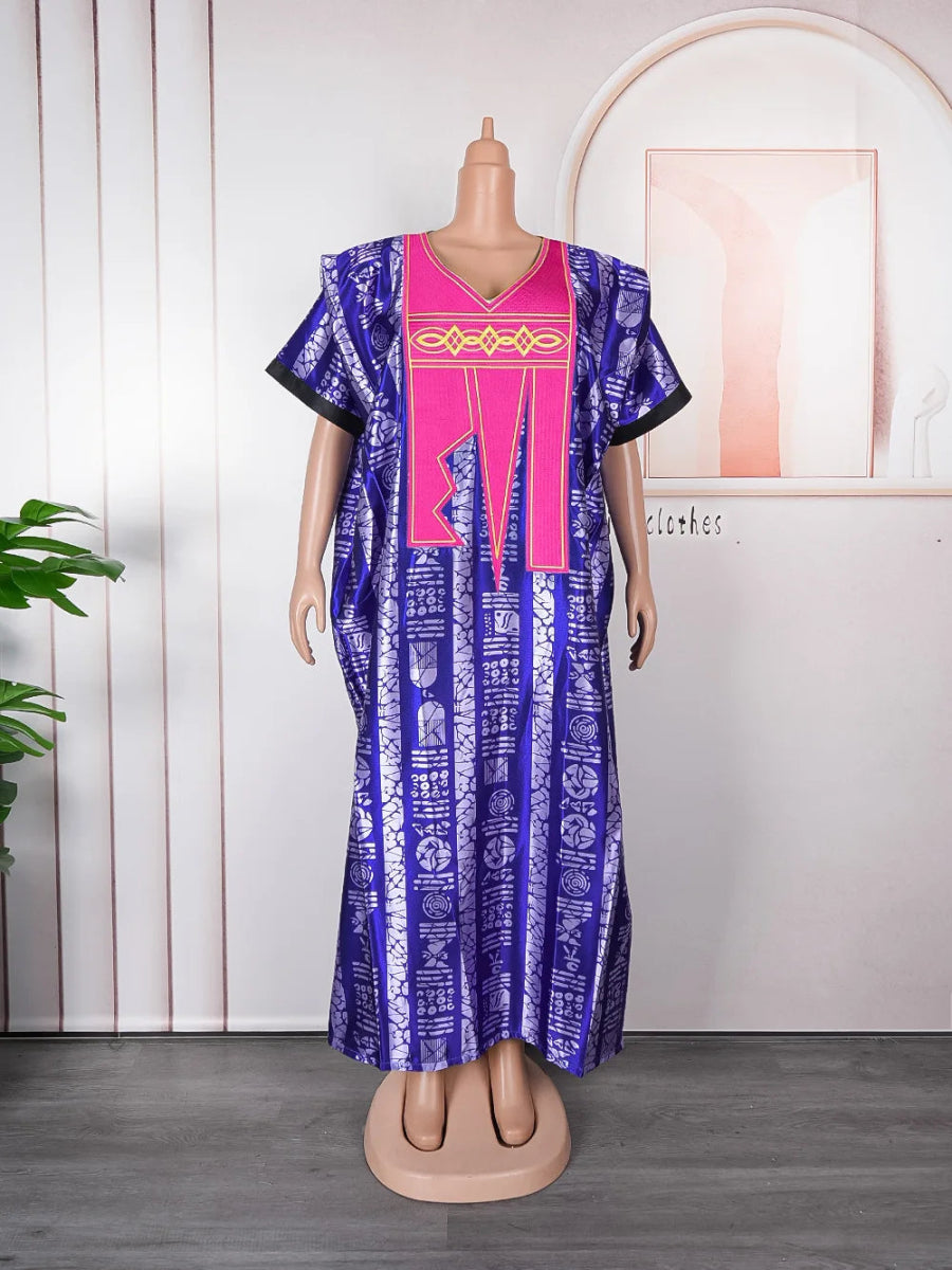 Women African Dresses Embroidery Short Sleeve V Neck Party Dress Print Vestidos Loose Fit Floor Length Spliced Slight Strech - Free Delivery Worldwide only at Flexi Africa