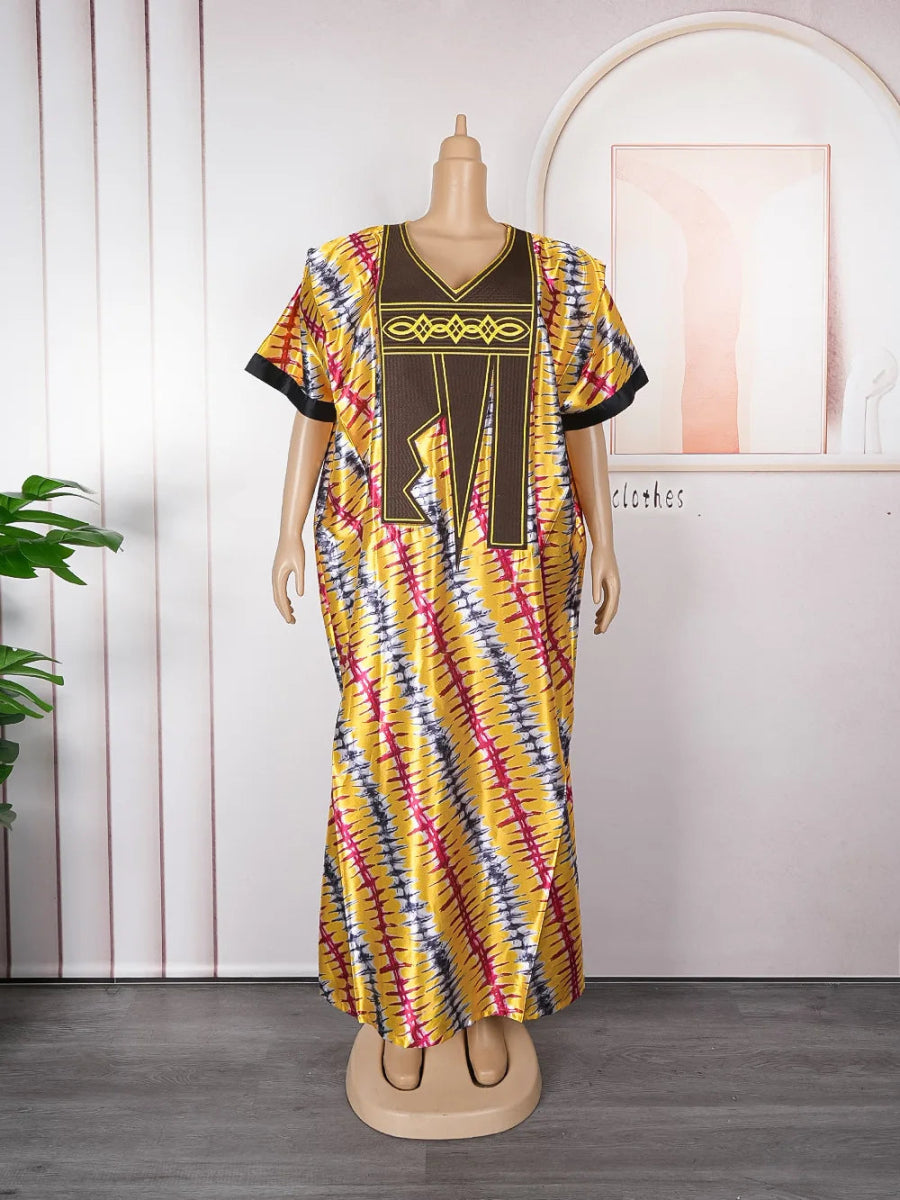 Women African Dresses Embroidery Short Sleeve V Neck Party Dress Print Vestidos Loose Fit Floor Length Spliced Slight Strech - Free Delivery Worldwide only at Flexi Africa