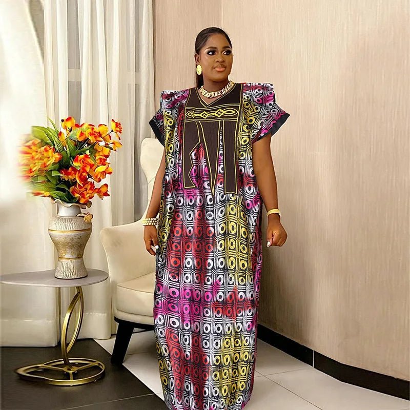 Women African Dresses Embroidery Short Sleeve V Neck Party Dress Print Vestidos Loose Fit Floor Length Spliced Slight Strech - Free Delivery Worldwide only at Flexi Africa
