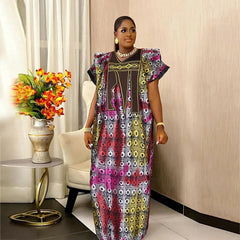 Women African Dresses Embroidery Short Sleeve V Neck Party Dress Print Vestidos Loose Fit Floor Length Spliced Slight Strech - Free Delivery Worldwide only at Flexi Africa